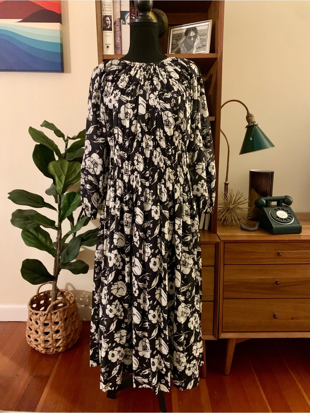 THE GREAT. Black and White Floral Maxi Dress